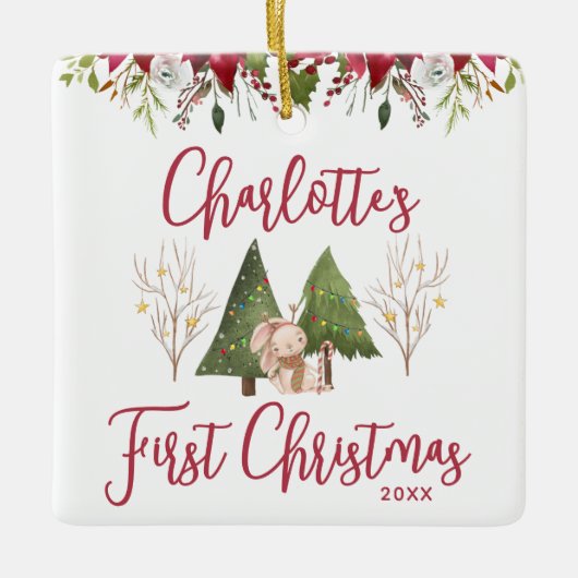 クラシッククリスマスフローラベビー初めてのクリスマス セラミックオーナメント (正面)