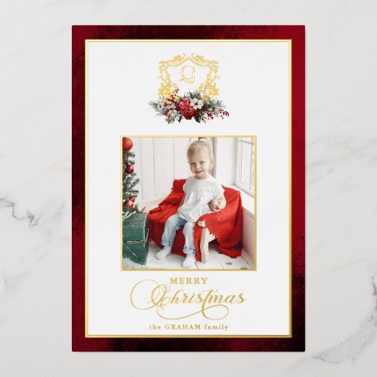 クラシッククリスマスフローラ金ゴールドクレスト写真 箔シーズンカード (正面)
