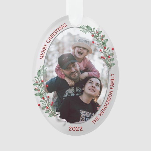 クラシッククリスマスプラントシルバーフレームファミリーフォト オーナメント (正面)