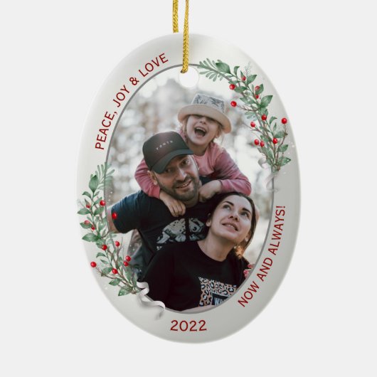 クラシッククリスマスプラントシルバーフレームファミリーフォト セラミックオーナメント (裏面)