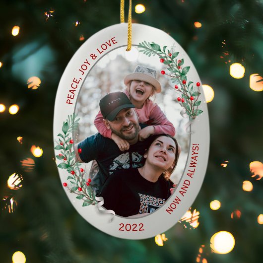 クラシッククリスマスプラントシルバーフレームファミリーフォト セラミックオーナメント