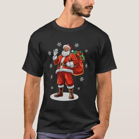 クラシッククリスマスプレゼントを持ってくるサンタクロース Tシャツ (正面)