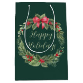 クラシッククリスマスリースグリーンハッピーホリデイズ ミディアムペーパーバッグ (正面)