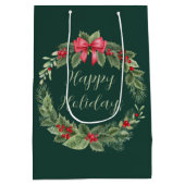 クラシッククリスマスリースグリーンハッピーホリデイズ ミディアムペーパーバッグ (裏面)