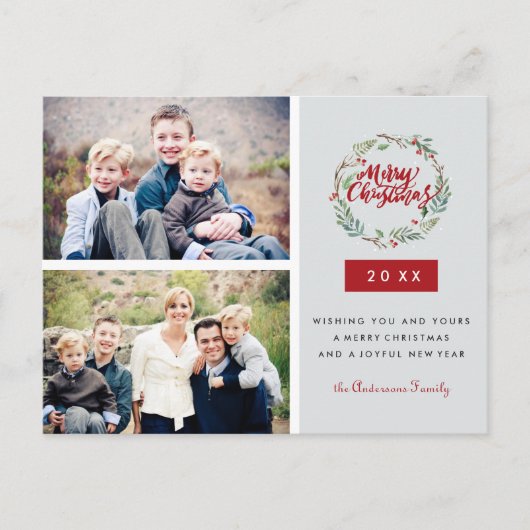 クラシッククリスマスリース2枚パーソナライズされた写真 ポストカード (正面)