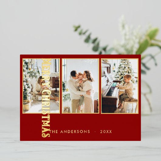 クラシッククリスマスレッド写真家族 箔シーズンカード (立ち正面)