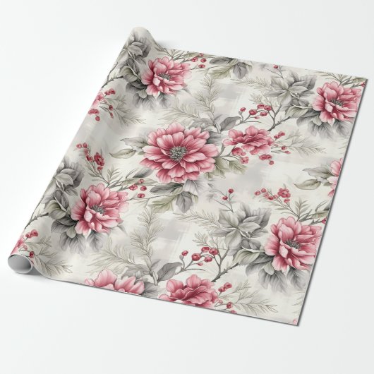 クラシッククリスマス冬の花模様プレイド、デコページ ラッピングペーパー (アンロールド)