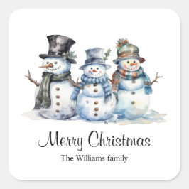 クラシッククリスマス水カラー雪だるま スクエアシール