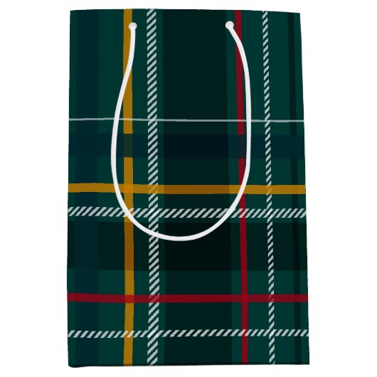 クラシッククリスマス現在の緑の格子休日 ミディアムペーパーバッグ (正面)