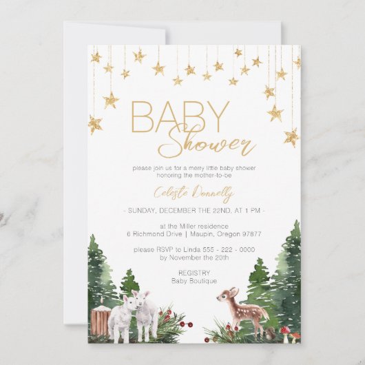 クラシッククリスマス白男女兼用赤ちゃんシャワー 招待状 (正面)