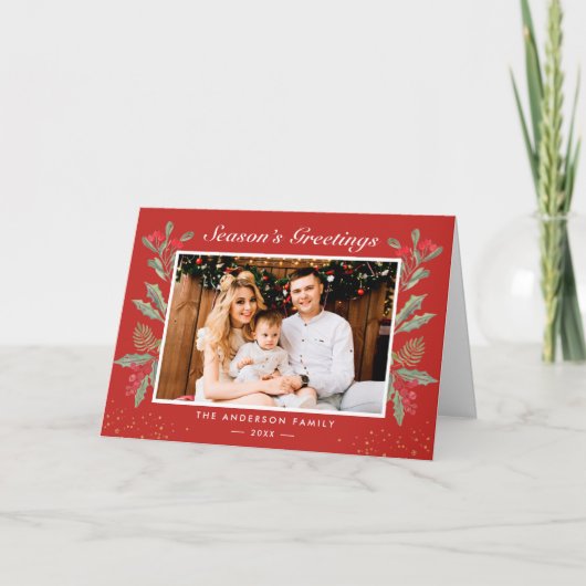 クラシッククリスマス赤ヒイラギの実の写真挨拶 シーズンカード (正面)