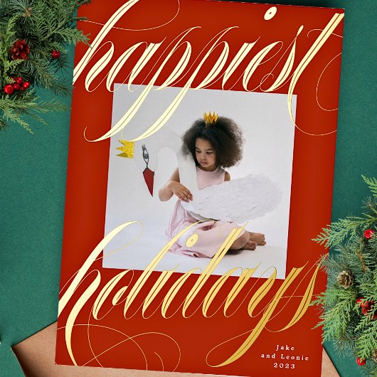 クラシッククリスマス赤金ゴールド書一枚写真 箔シーズンカード