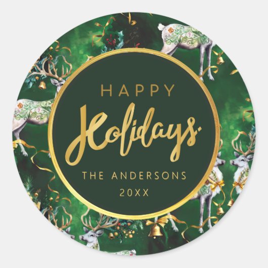 クラシッククリスマス金ゴールドベル&トナカイ ラウンドシール (正面)