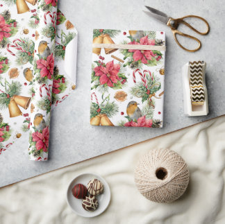 クラシッククリスマス金ゴールドベル&バードパターン ラッピングペーパー