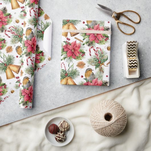 クラシッククリスマス金ゴールドベル&バードパターン ラッピングペーパー (クラフト)