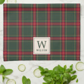 クラシッククリスマス・プレイド・ファミリー・ネーム・モノグラム キッチンタオル (折り畳み)