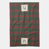 クラシッククリスマス・プレイド・ファミリー・ネーム・モノグラム キッチンタオル (縦)