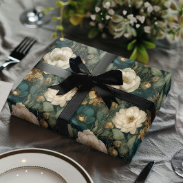 クラシッククリスマス 冬の緑と白の花柄 ラッピングペーパーシート