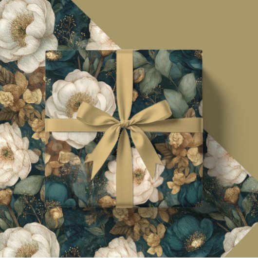 クラシッククリスマス 冬の緑と白の花柄 ラッピングペーパー