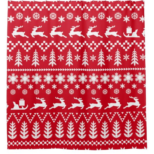 クラシッククリスマス:赤い白の冬のパターン シャワーカーテン (正面)