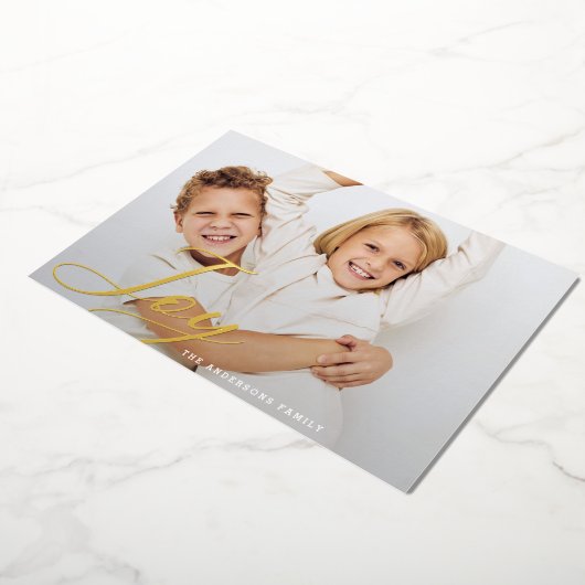 クラシッククリスマスJOYハンドレタリングファミリーフォト 箔シーズンカード (回転した状態)