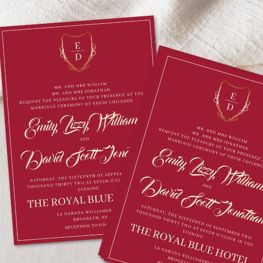 クラシッククリムゾンレッドゴールデンモノグラムお洒落 招待状