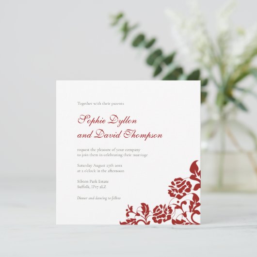 クラシッククリムゾンレッドローズレースススクエア結婚ズ 招待状 (スタンド正面)