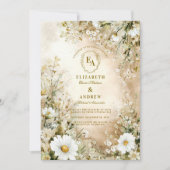 クラシッククリームと金ゴールド結婚植物薬 招待状 (正面)