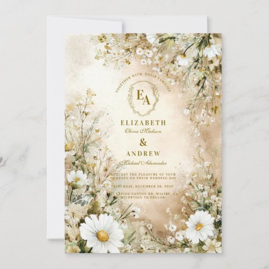 クラシッククリームと金ゴールド結婚植物薬 招待状 (正面)