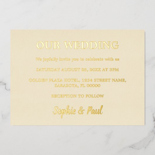 クラシッククリームズ結婚ゴールドフォイル招待状 箔招待状 (正面)