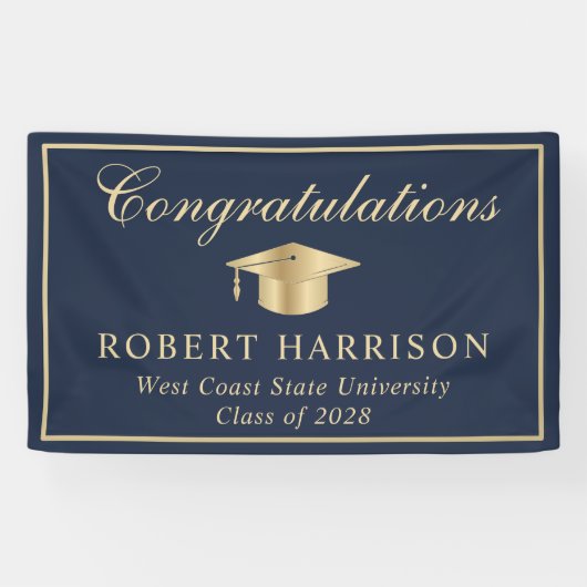 クラシックグラッドキャップブルー金ゴールド卒業へようこそ 横断幕 (横)