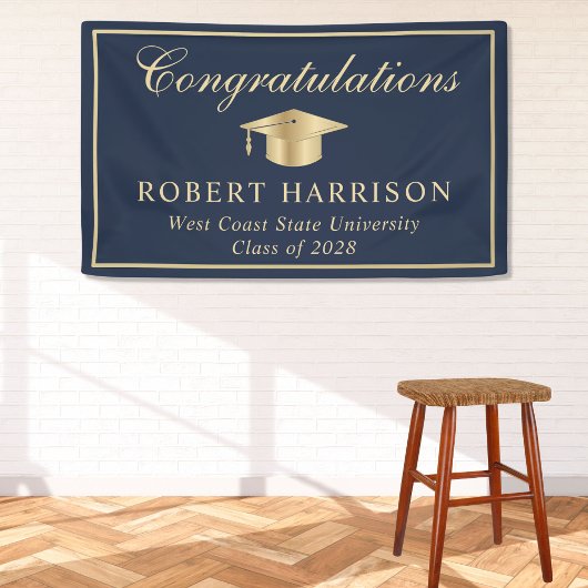 クラシックグラッドキャップブルー金ゴールド卒業へようこそ 横断幕