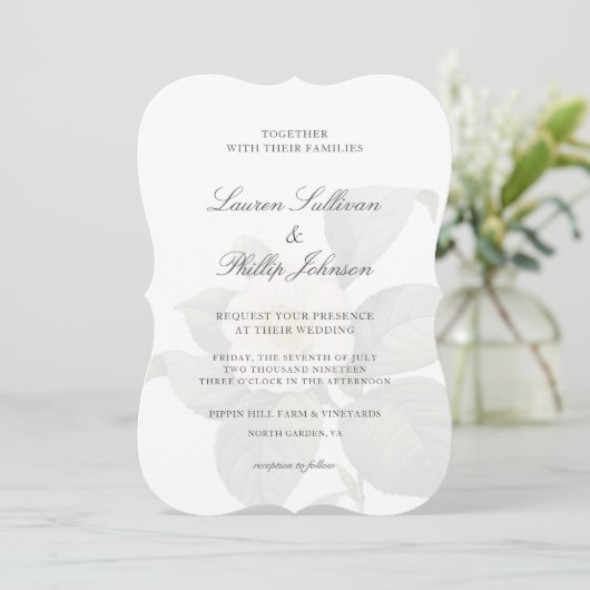 クラシックグリーンとホワイトヴィンテージの結婚花 招待状 (スタンド正面)