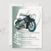 クラシックグリーンのバイクでスピードを出す 50歳の誕生日 招待状 (正面)