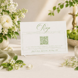 クラシックグリーンアイボリーカリグラフィーQRコード 結婚式 出欠カード
