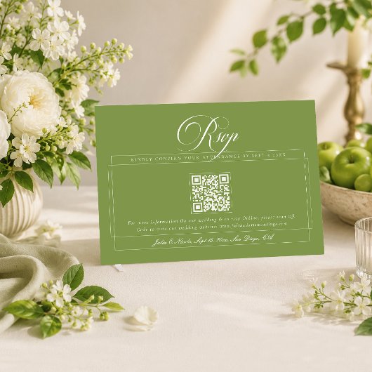 クラシックグリーンアイボリーカリグラフィーQRコード 結婚式 出欠カード