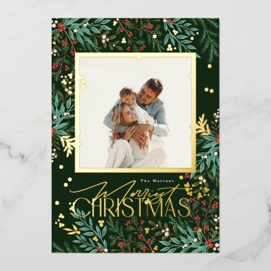 クラシックグリーンクリスマスワンフォト金ゴールド植物学 箔シーズンカード (正面)