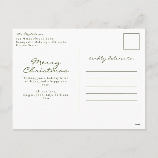 クラシックグリーンクリスマス家族の写真 シーズンポストカード (裏面)