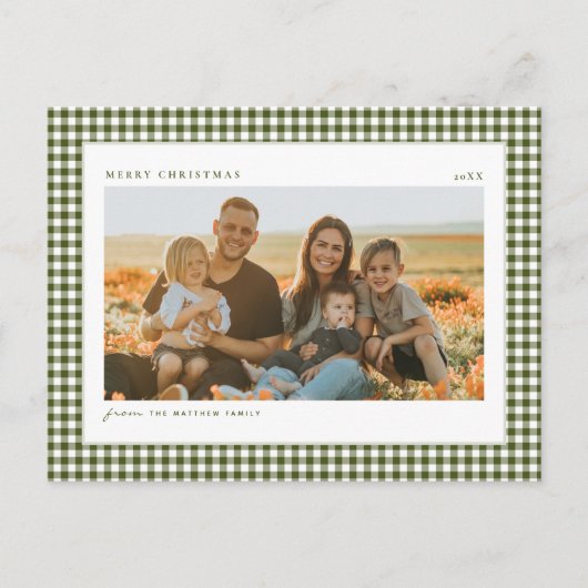 クラシックグリーンクリスマス家族の写真 シーズンポストカード (正面)