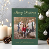 クラシックグリーンスクリプトクリスマスフォト金ゴールド 箔招待状