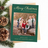 クラシックグリーンスクリプトクリスマスフォト金ゴールド 箔招待状