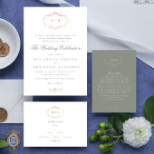 クラシックグリーンセージ金ゴールドクレスト結婚モノグラム 招待状