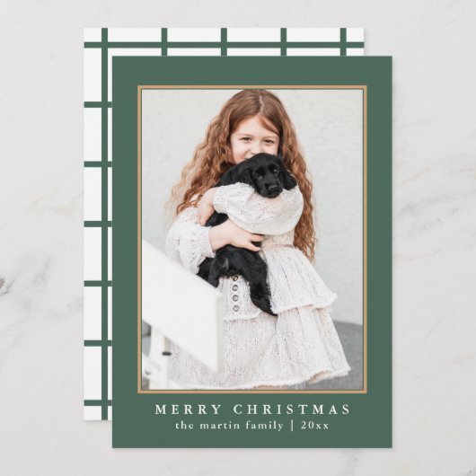 クラシックグリーンチェックメリークリスマスフォト シーズンカード (正面/裏面)