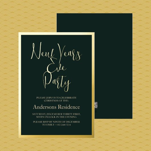 クラシックグリーンニューイヤーズイブパーティの招待状 箔招待状