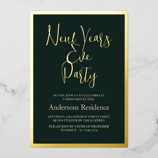 クラシックグリーンニューイヤーズイブパーティの招待状 箔招待状 (正面)