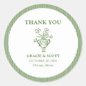 クラシックグリーンフローラストライプの結婚ありがとう ラウンドシール (正面)