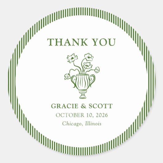 クラシックグリーンフローラストライプの結婚ありがとう ラウンドシール (正面)