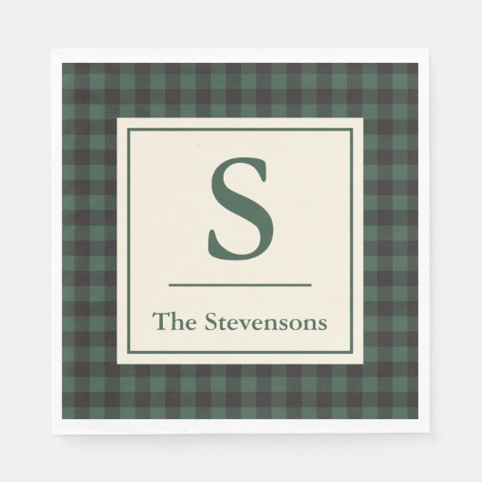 クラシックグリーンブラックバッファロータータンチェックプレイドモノグラム スタンダードランチョンナプキン (正面)