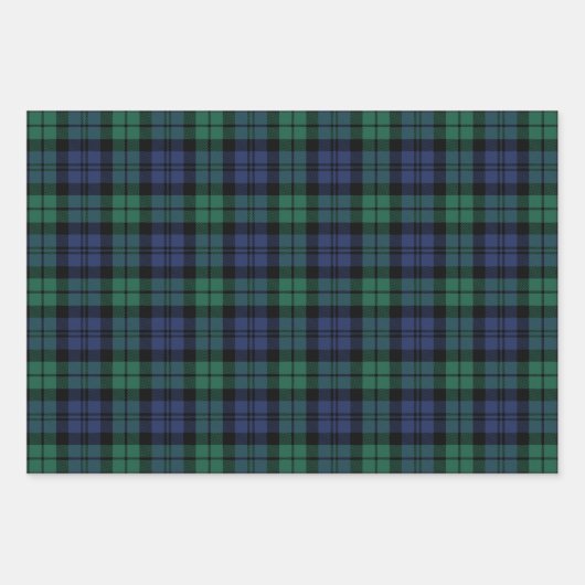 クラシックグリーンブルーブラックウォッチプレイドクリスマス ラッピングペーパーシート (正面)