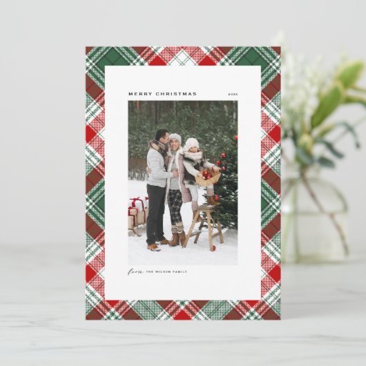 クラシックグリーンプレイドパターンメリークリスマスフォト シーズンカード (スタンド正面)